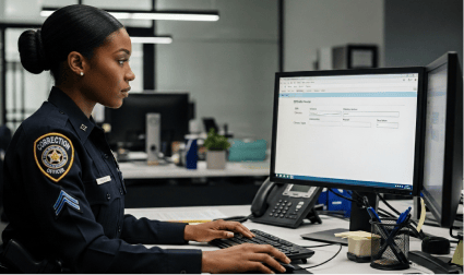 Female corrections officer working on a computer screen in an office