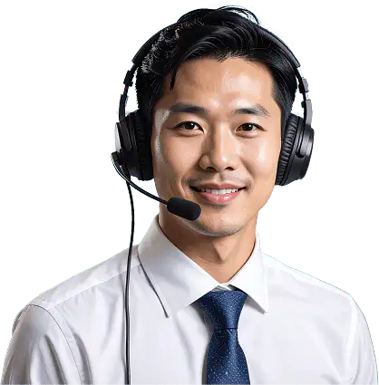 Smiling man wearing a professional headset, white shirt, and blue tie