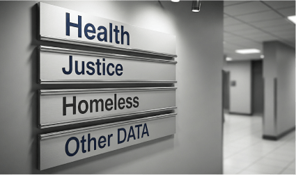 Directory sign listing key service areas: Health, Justice, Homeless, and Other DATA