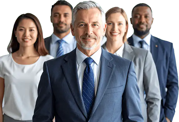 A diverse group of business professionals standing together, led by a man in a blue suit