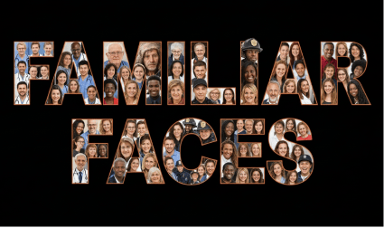 Image mosaic forming the words "FAMILIAR FACES" using headshots of diverse professionals including doctors, officers, and community members