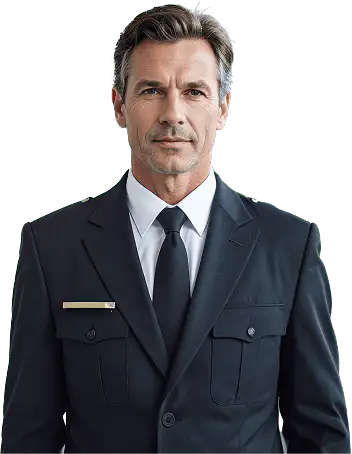 Man in a dark formal uniform with a black tie and gold bar