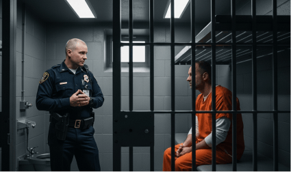 Corrections officer speaking with an incarcerated man in an orange uniform through cell bars