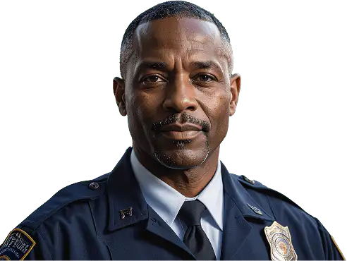 Police officer in uniform with a badge and silver insignia