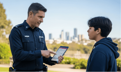 Police officer showing information on a tablet to a young person outdoors with a city skyline in the background