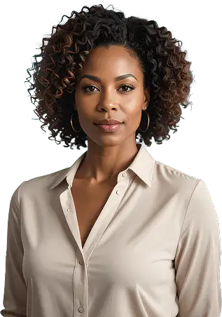 Professional woman with curly dark hair wearing a tan blouse