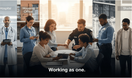 Collage showing professionals from various fields—Hospital, Housing Office, and Shelter—collaborating in a central meeting, with the text "Working as one."