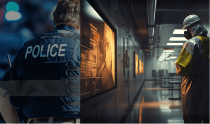 Montage showing a police officer, a digital monitoring screen, and a person in a hazmat suit, representing public safety and specialized response