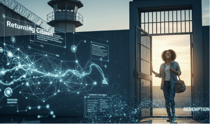 Woman smiling as she walks through an open prison gate with digital data graphics overlayed, symbolizing reintegration