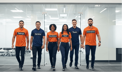 Six smiling employees wearing shirts labeled Tetrus, Service, Excellence, Team, and Innovation walking in an office