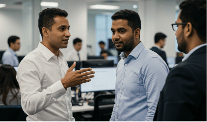Three business colleagues having an animated discussion in a bustling office environment